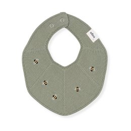 Knitted bib, sage green, leaf pattern, bee design, soft cotton material, round shape, baby accessory.