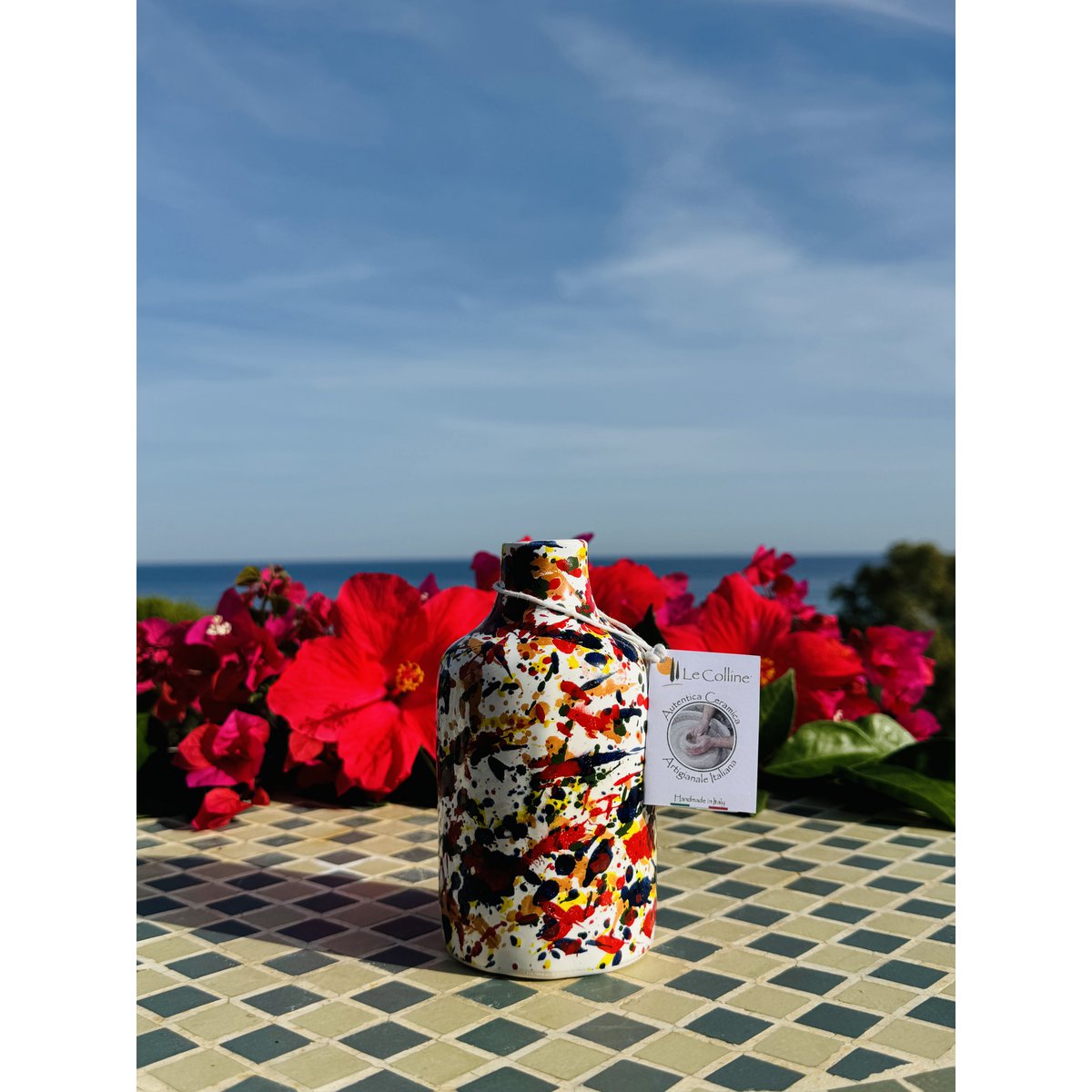 Handgemaakte kleurrijke olierijolie Oil Donor Oil Kik keramische fles "Arlecchino" voor olijfolie uit Italië 250 ml