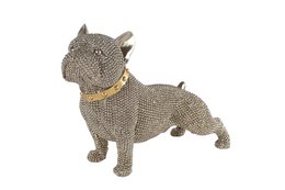 Decorative gold polystone sculpture of a dog, measuring 22x9x17cm. Features a textured, knitted-style design and a gold collar.