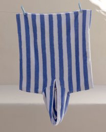 Blue and white striped kids beach poncho, soft terry cloth, hooded towel robe for children
