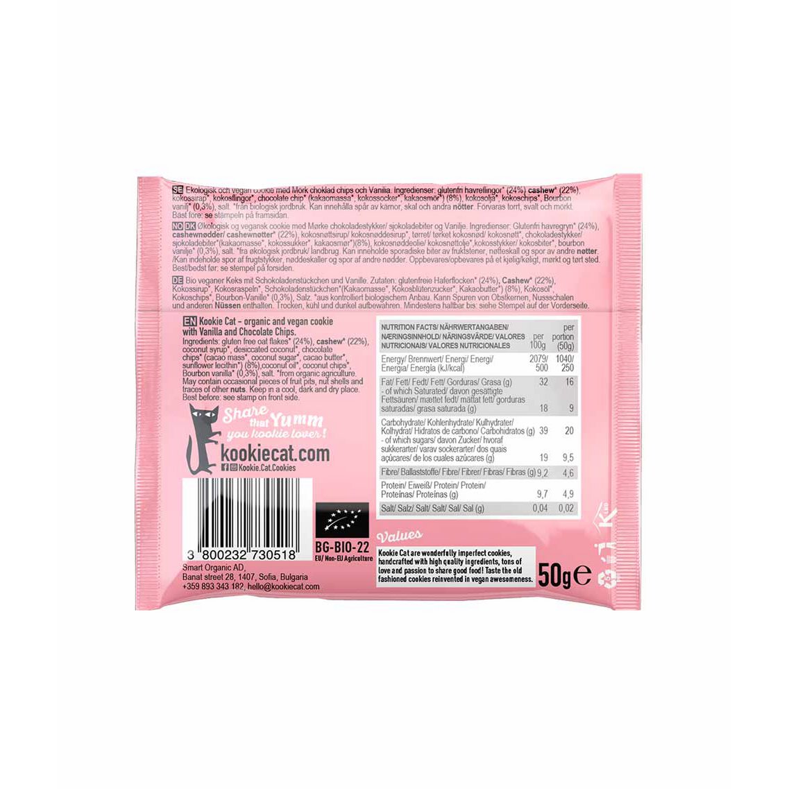 Vanilla and choc chip Cookie, organic, Kookie Cat, 50g