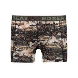 Men's boxer shorts in a camouflage print pattern with the text "Beat my Boxer" on the waistband.