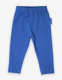 Blue organic cotton leggings for kids, available in sizes 6-12 months to 7-8 years. Comfortable and durable with an elastic waistband.