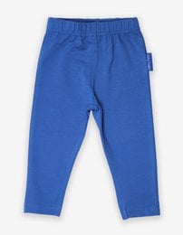 Blue organic cotton leggings for kids, available in sizes 6-12 months to 7-8 years. Comfortable and durable with an elastic waistband.