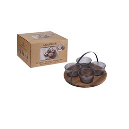 Cuencos de aperitivo de cristal y soporte de madera x4