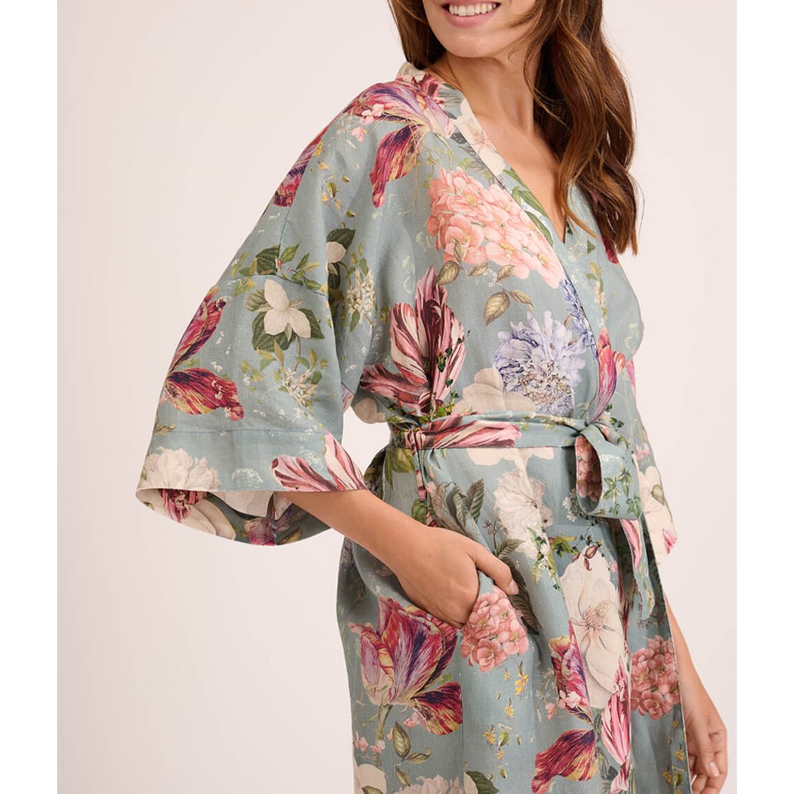 Lniany szlafrok kimono Garden Emerald
