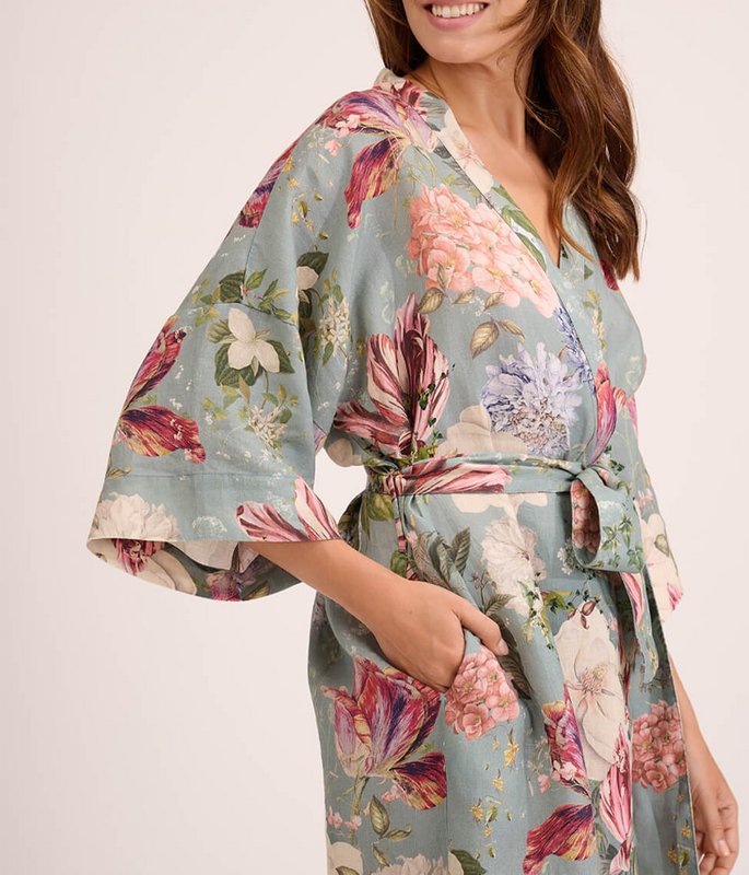 Lniany szlafrok kimono Garden Emerald