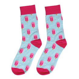 Mint green socks with pink popsicle designs. The socks have a vibrant, playful pattern that would be suitable for casual or summer wear.