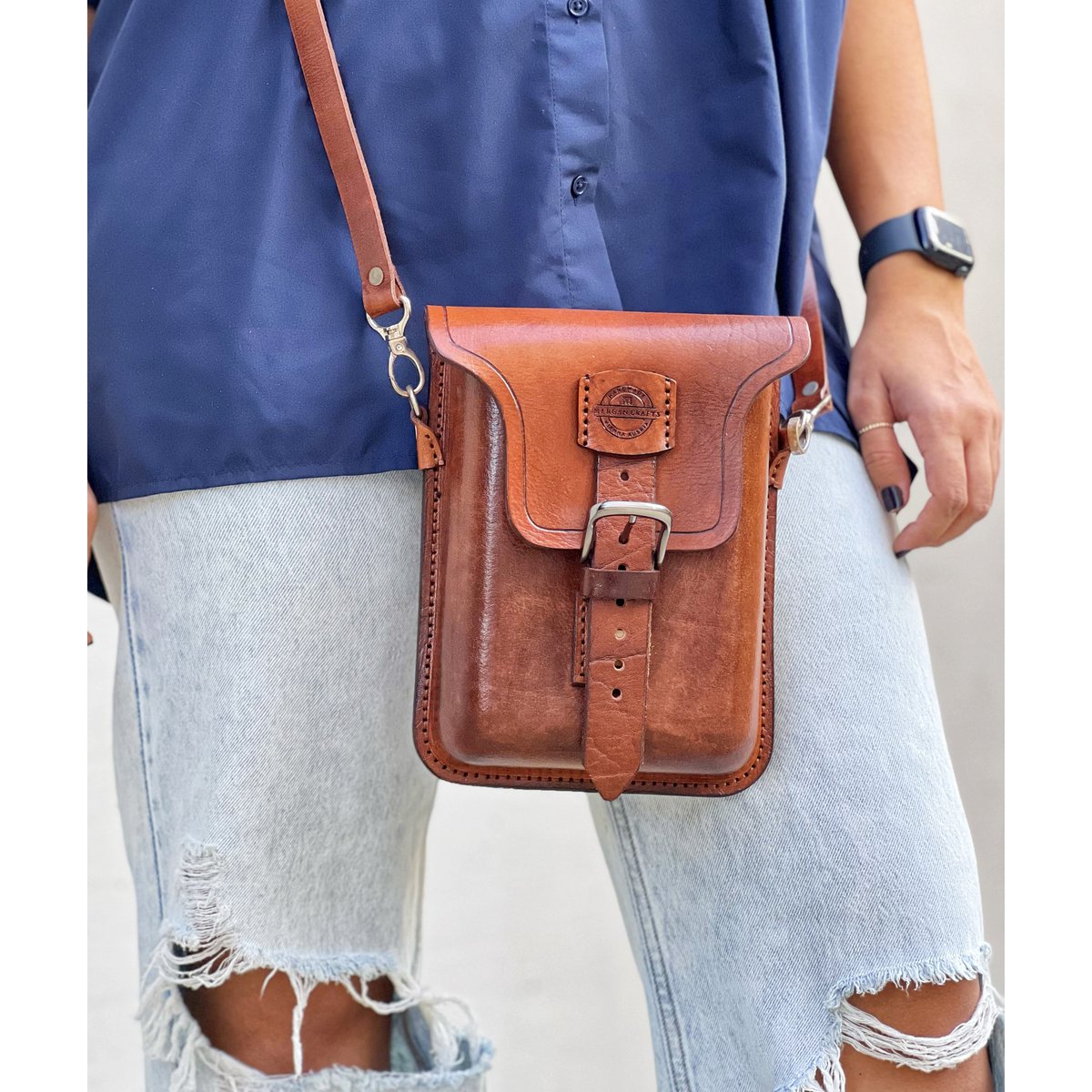 Handgemaakte lederen crossbody tas - korst koeienhuid leer