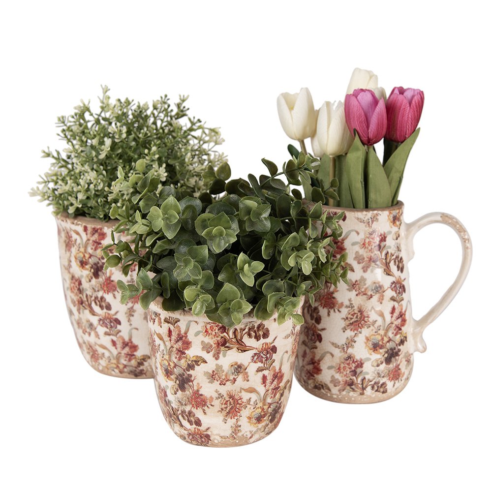 Decoratie Kan 16x12x18 cm Beige Roze Keramiek Bloemen Schenkkan