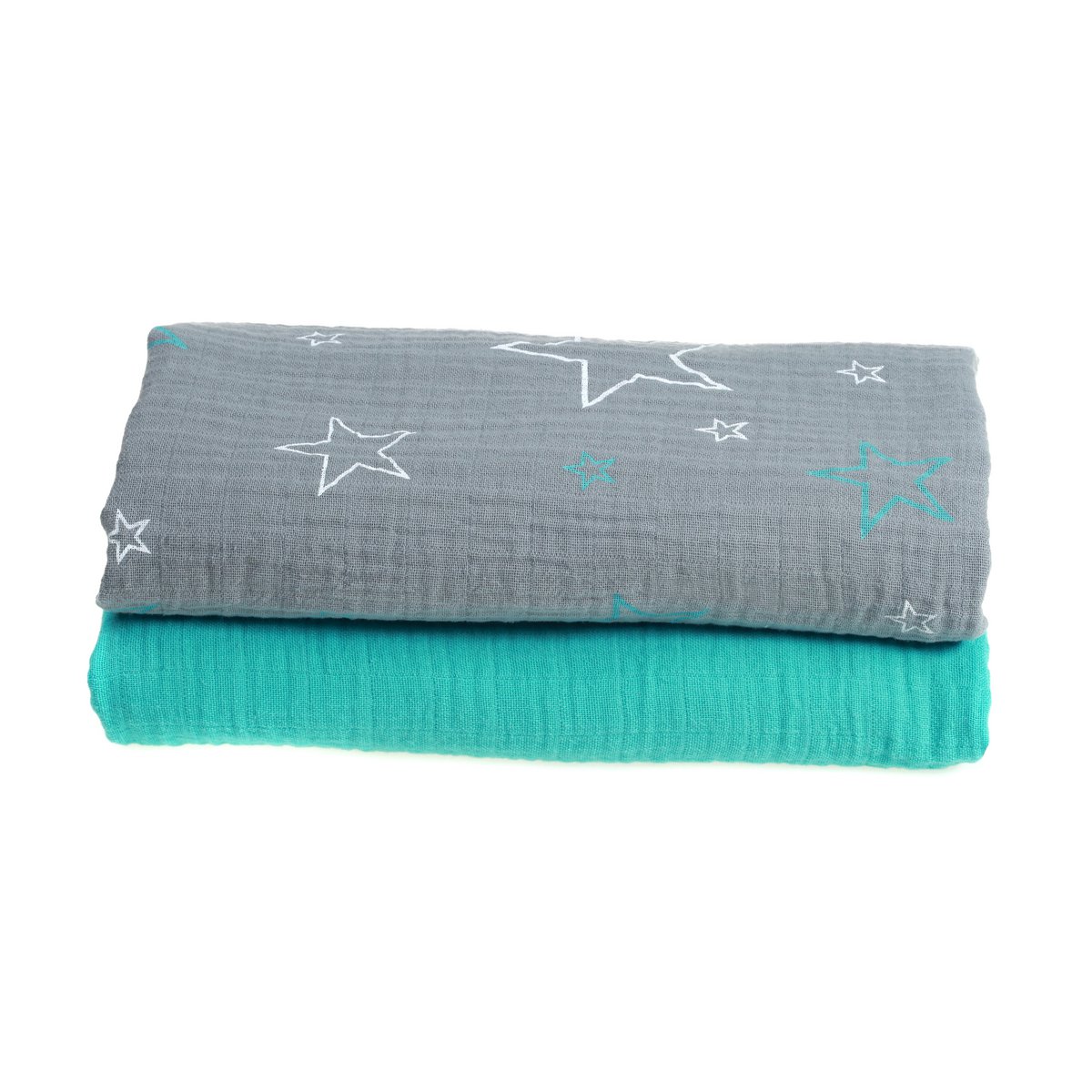 Swaddle Hydrofiele Multidoeken 120×120 cm- Set van 2 stuks – 100% Katoen- Grijs/Tirquoise/Sterren