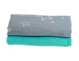 Swaddle Hydrophilic Multi Cloths 120×120 cm- Set of 2 pieces – 100% Cotton- Grey/Tirquoise/Stars