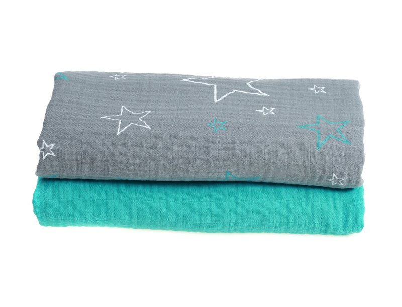 Swaddle Hydrophilic Multi Cloths 120×120 cm- Set of 2 pieces – 100% Cotton- Grey/Tirquoise/Stars
