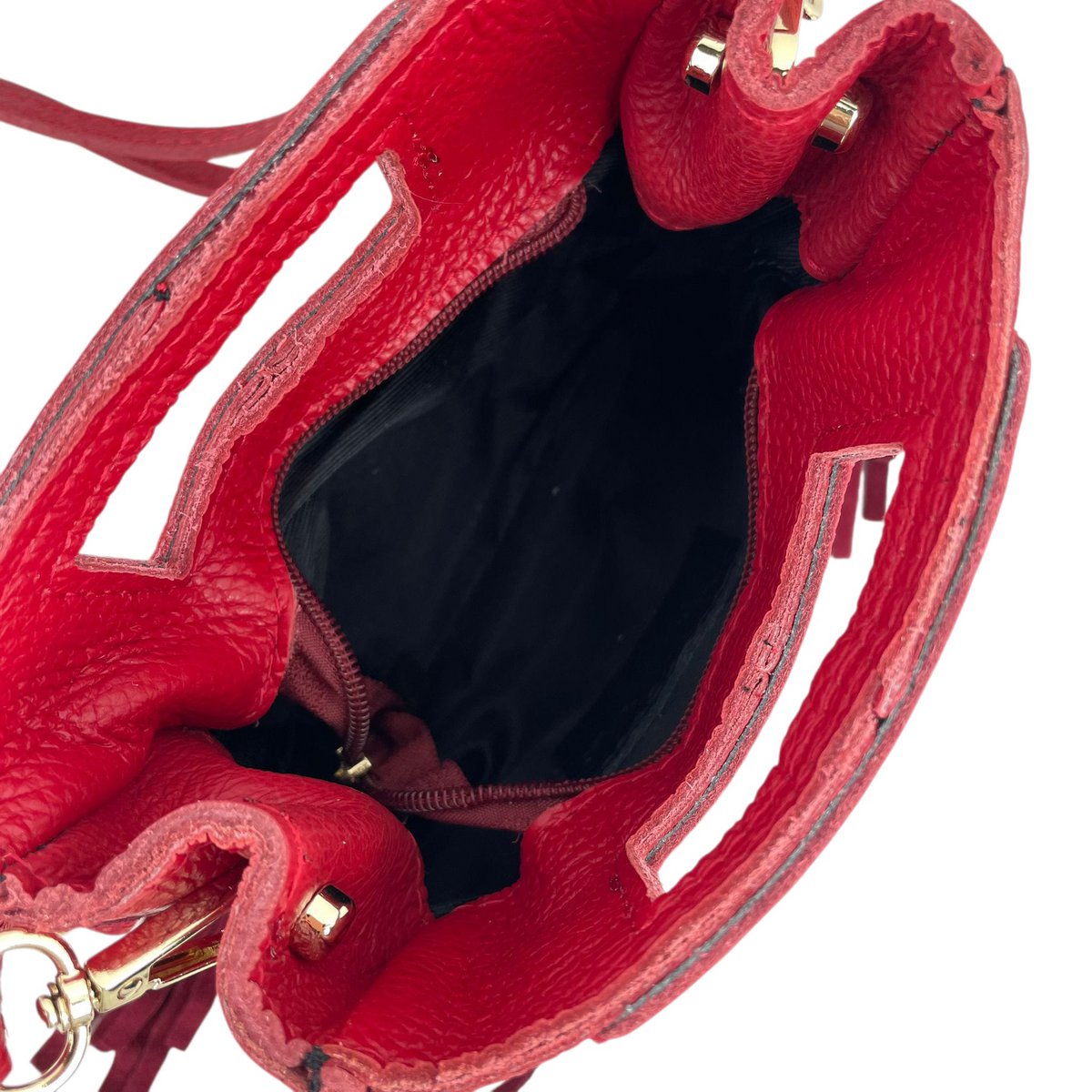 Compact Italian Leather Bag with Decorative Fringes 58026