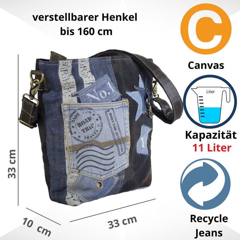 Bolso de hombro sostenible de mujer Sunsa. Bolso bandolera hecho de jeans reciclados y lona (canvas). Bolso estilo retro vintage. Bolso bandolera para mujer.