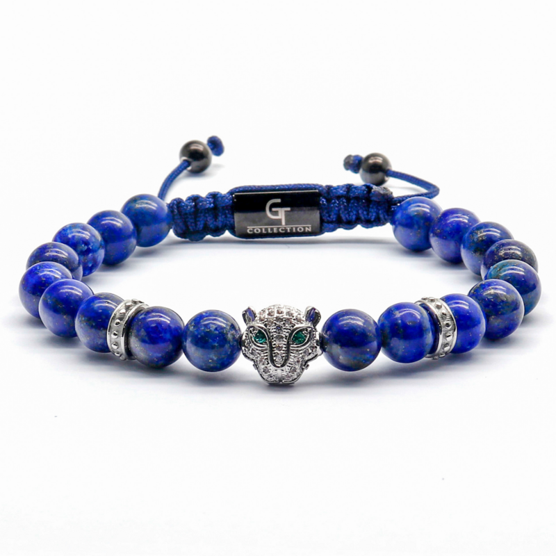 Bracciale Da Uomo In LAPISLAZZULI Con Testa LEOPARDO in Argento