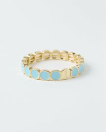 Light blue turquoise beaded bracelet with gold metal accents, elastic stretch band, round stone beads