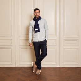 Navy blue scarf with Giorgio by Beni Badibanga branding, made of soft, warm material.