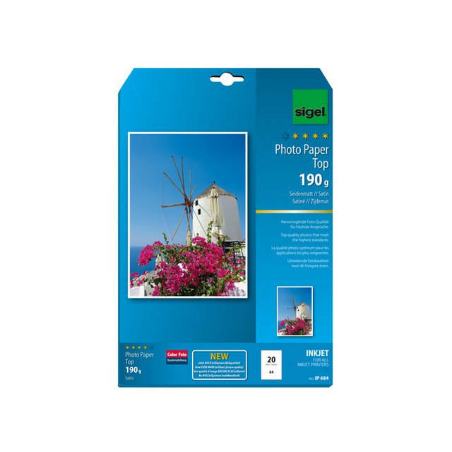 Inkjetfotopapier Sigel A4 Top 190grs hoogwit 20 vel zijdemat