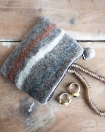  Felted wool pouch striped gray white rust small wallet clutch handmade textile
