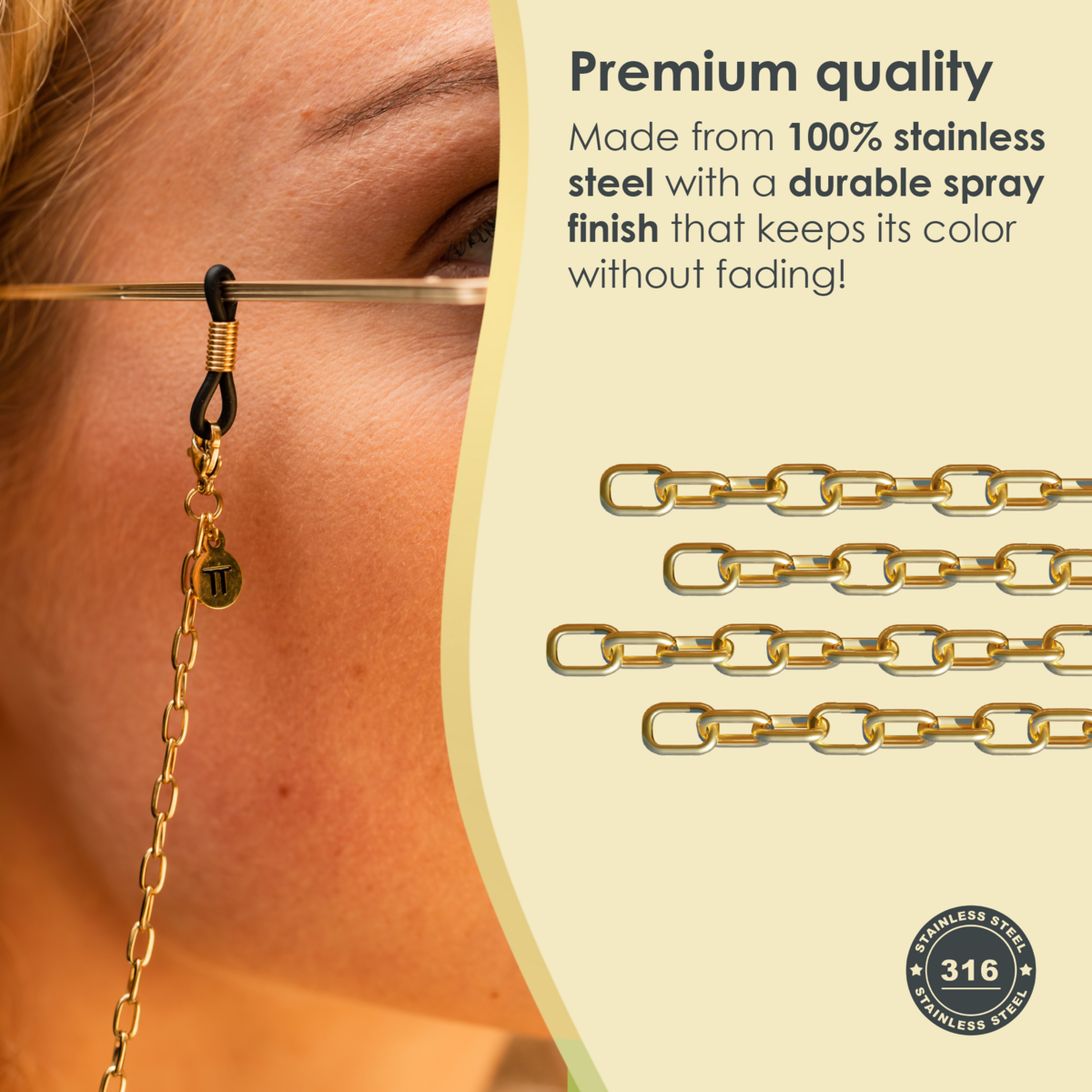 Glasses Cord Links Gold — 100% Stainless Steel & Unisex Eyewear Cords for Women and Men — Glasses Chain with Extra Loops — Brillenkoord Brillenband Brillenkette Cordon de Lunettes Cordón Para Gafas
