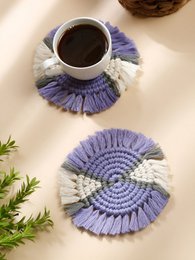  Macrame drink coasters, two-tone purple and white design, round fringed coasters, bohemian style, set of two