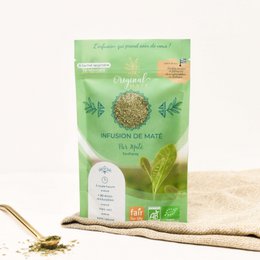 Organic Maté tea in 70g and 1kg sizes, with a green and yellow packaging design featuring leaves and a maté gourd. The tea appears to be loose leaf and contains a blend of green and brown maté leaves.