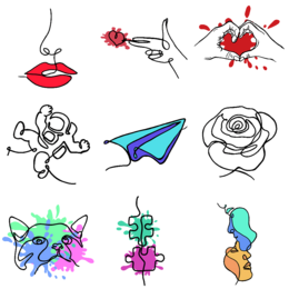 Colorful, abstract art-style icons depicting various objects and symbols, including a paper airplane, rose, and paw print.