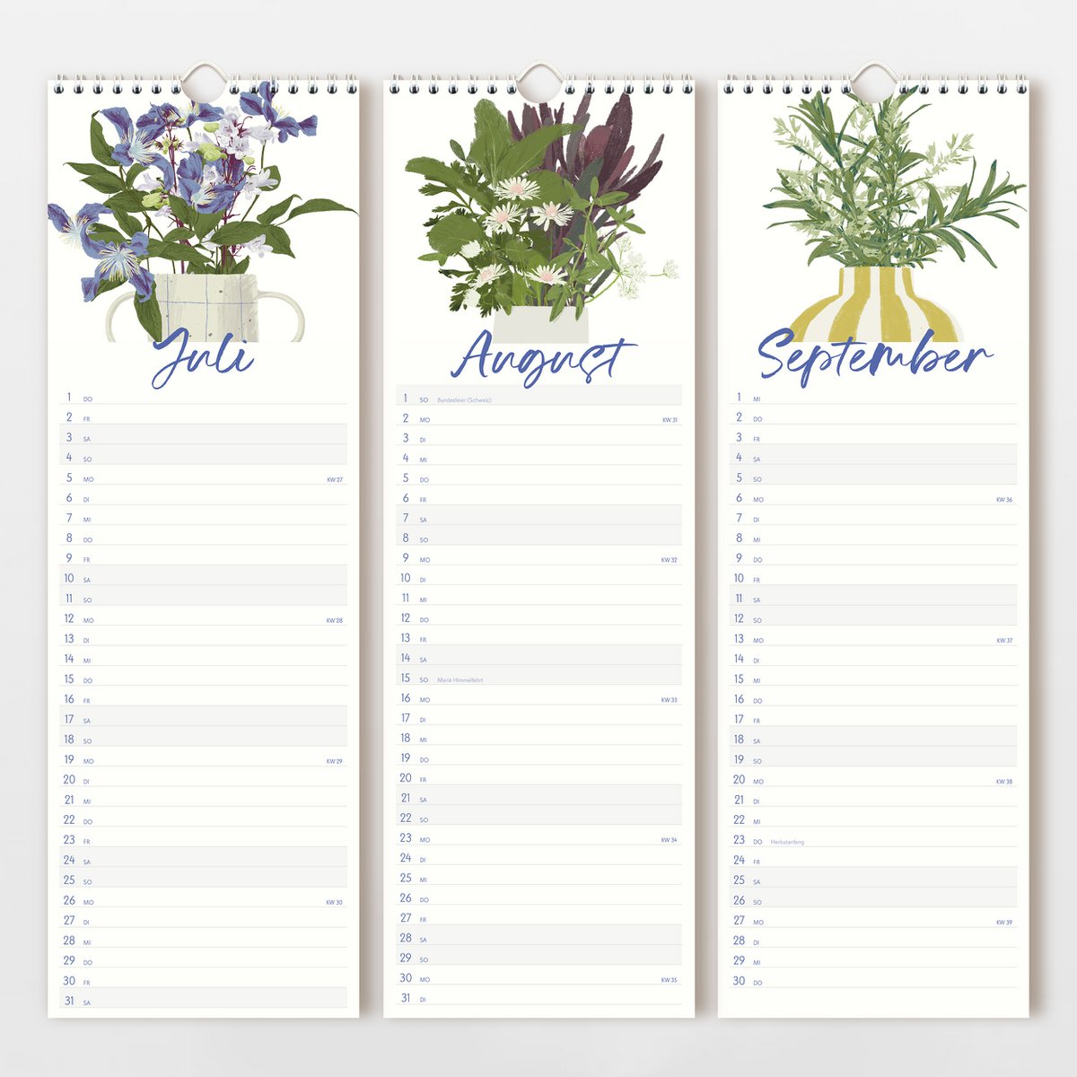 Wandkalender 2027 mit handgezeichneten Blumenvasen