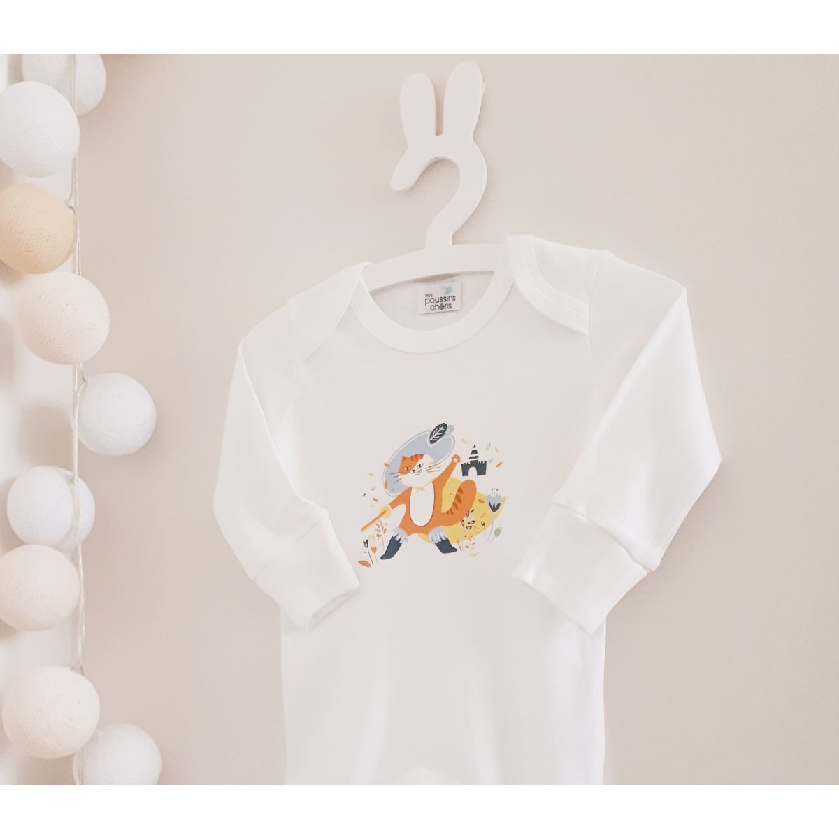 White pajamas Chat Botté 100% organic cotton certified OEKO-TEX