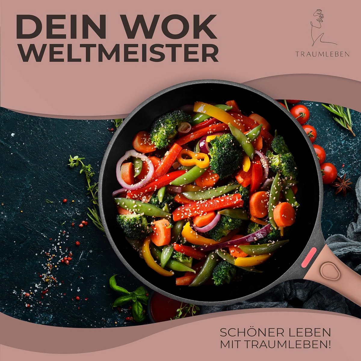Wok PAN 28 cm, recubrimiento no de palo, manijas extraíbles, inducción, festival de horno (rosa)