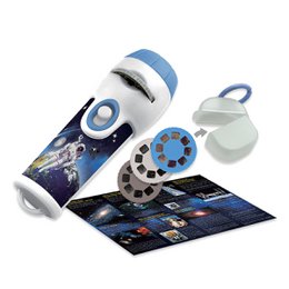 "Blue and white cylindrical torch projector, space theme, projects planets and stars, sensory toy with interactive dial."