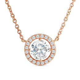 Rose gold necklace with a round diamond-encrusted pendant.