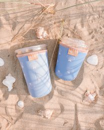 Blue denim iced coffee sleeve with seashell and starfish embroidery, beach-themed design.