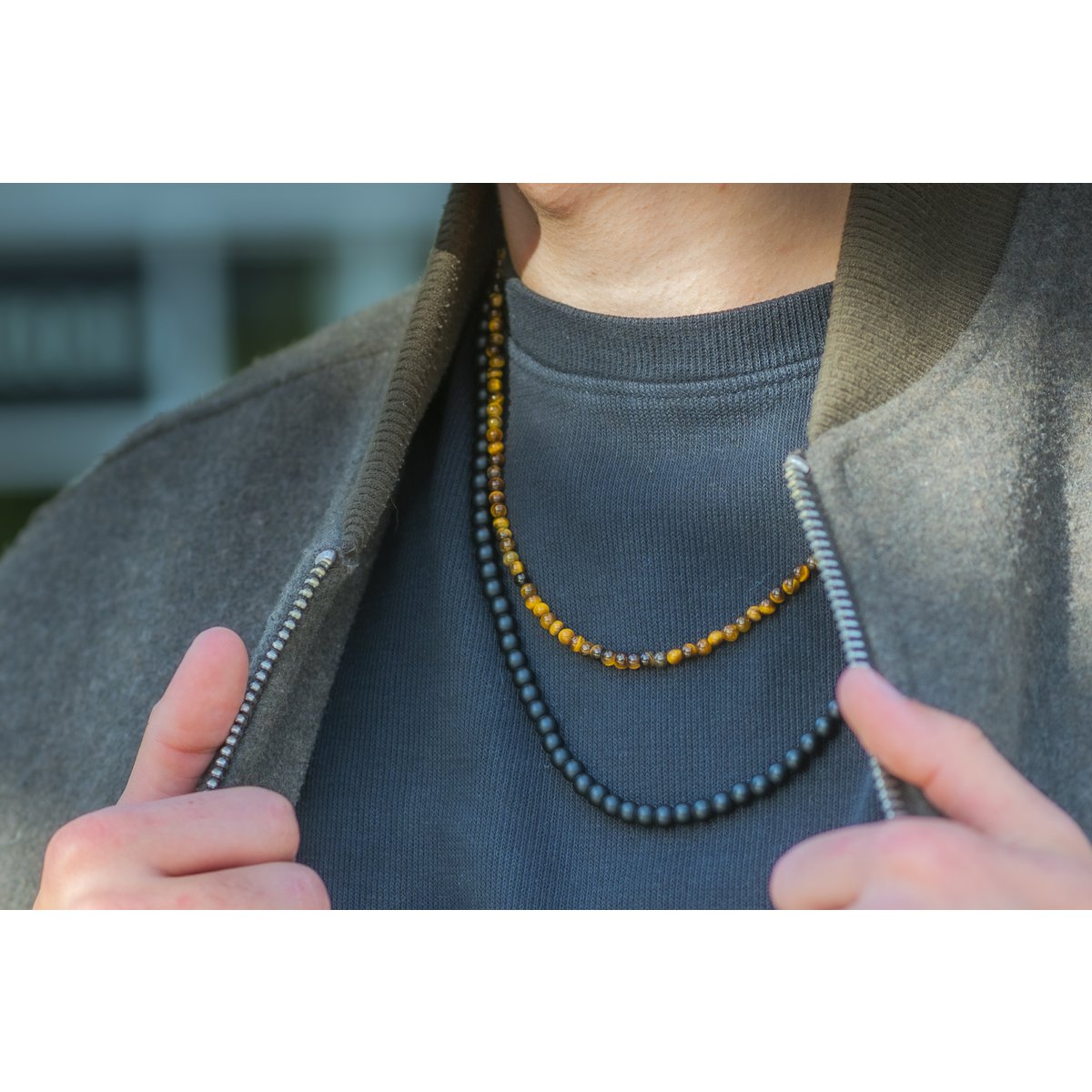 ketting Rantai Enam onyx (6mm), roestvrij staal