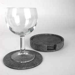Glasuntersetzer rund 4er Set mit Box Kunstleder Rochen grau