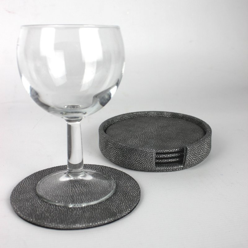 Glasuntersetzer rund 4er Set mit Box Kunstleder Rochen grau