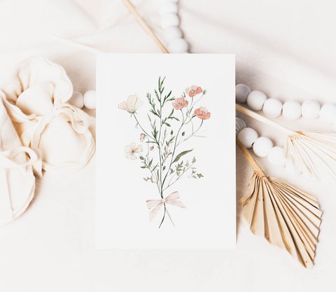 Errötende Frühlingsblumen mit Bug, rosa Wildblumenplakat, Wildblumen -Bouquet -Druck, Blumendruck, botanisches Plakat, Blumenplakat, Blumendruck, Wildblumenplakat, Blumen -Kindergarten -Plakat, Pfirsichblumen