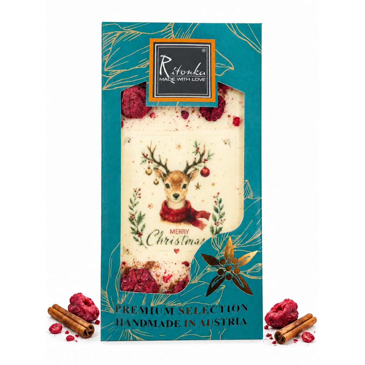 Weiße Schokolade Merry Christmas Rentier - Himbeere, Zimt 95g