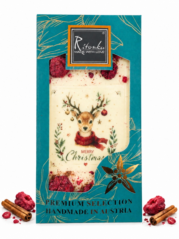 Weiße Schokolade Merry Christmas Rentier - Himbeere, Zimt 95g