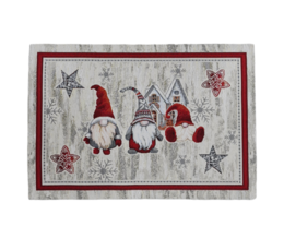 Gnome Christmas Breakfast Placemat in Gobelin style, featuring three gnomes wearing red hats and holding Christmas ornaments, surrounded by snowflakes and stars.
