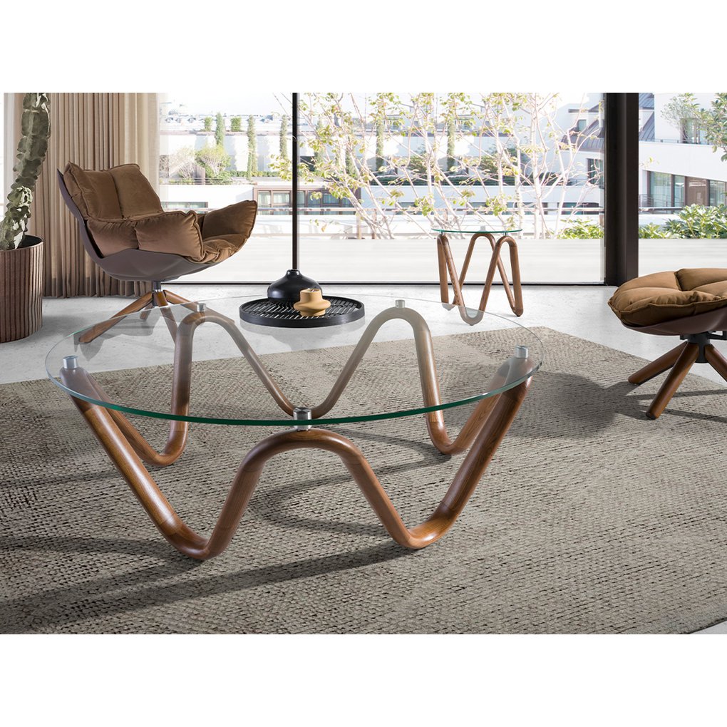 Round tempered glass and walnut coffee table 2124