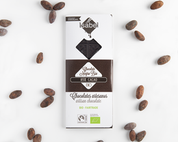 Dark chocolate tablet with 85% cocoa content, organic and fair trade certified, box of 10 units of 80g each.