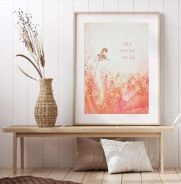 Fine art print featuring abstract floral and musical motifs in warm, vibrant colors. Available in multiple sizes to suit various decor needs.