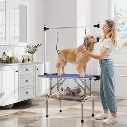  Trimmtisch für Hunde Hundepflegetisch klappbar, Haustierpflegetisch mit höhenverstellbarem Galgen, Schlingen, rutschfest Oberfläche, Schertisch bis 150 kg, 91,5 x 61,5 x 76 cm, Schwarz