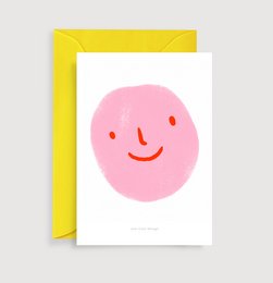 Cheerful pink face mini art print on a happy note card. Vibrant colors and a simple, playful design make this a great greeting card for any occasion.