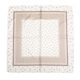 Beige scarf with small floral dot pattern, lightweight square design, versatile neutral accessory.