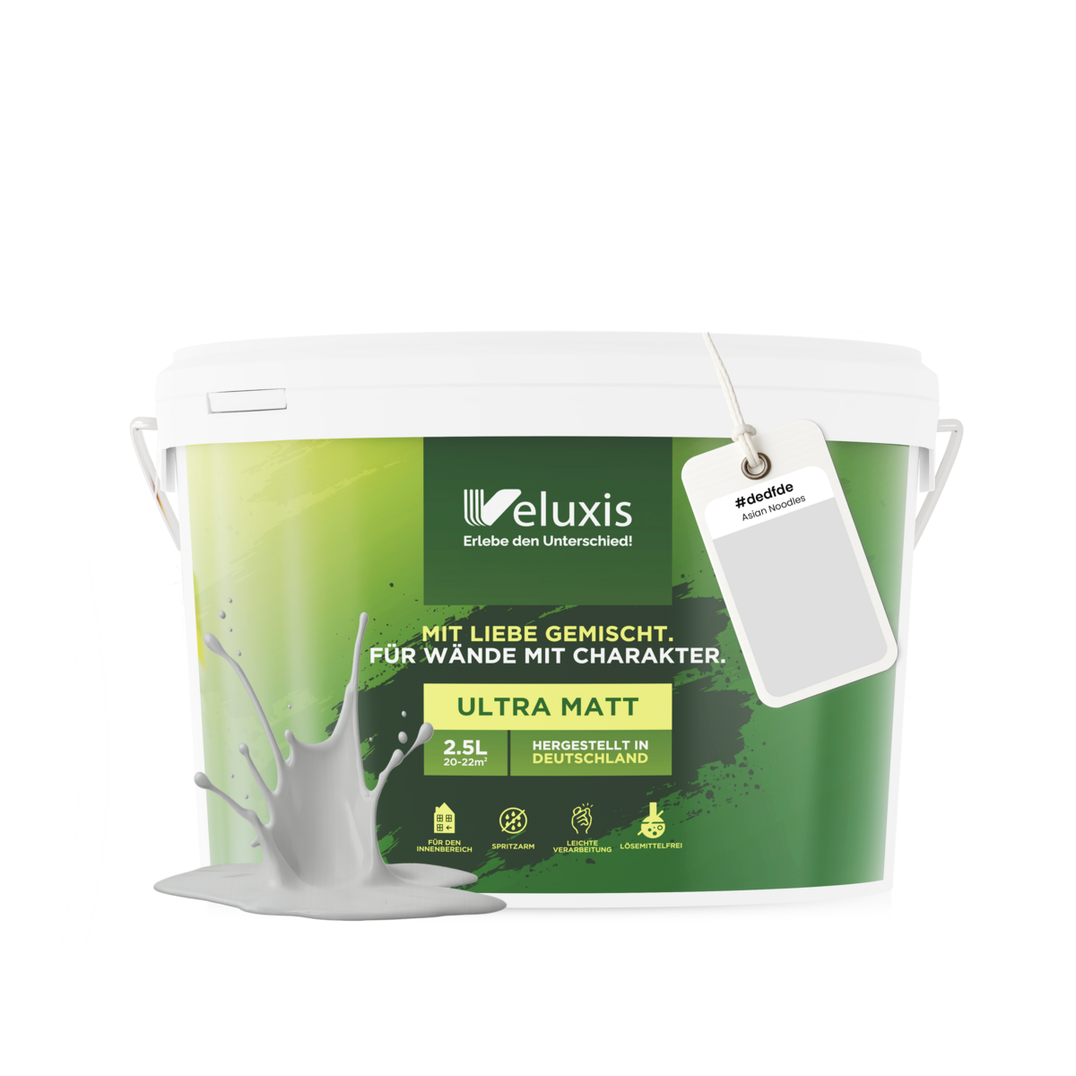 Veluxis® Wandfarbe Grau für den Innenraum - 2,5 Liter & Deckkraft-Klasse 1, Streifenfrei, tropfarm & Öko Farbe, VOC-frei - (Asian Noodles)