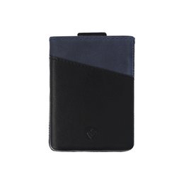 Compact black and blue card case with dual pockets for storing cards and cash.