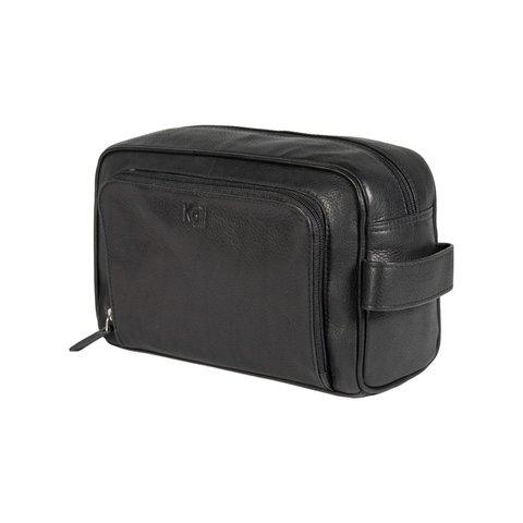 K0025AB | Beauty Case with side handle in genuine full-grain leather with light grain – Black colour. Zip closure, Dimensions: 25 x 16 x 12 cm. Packaging: Tnt bag